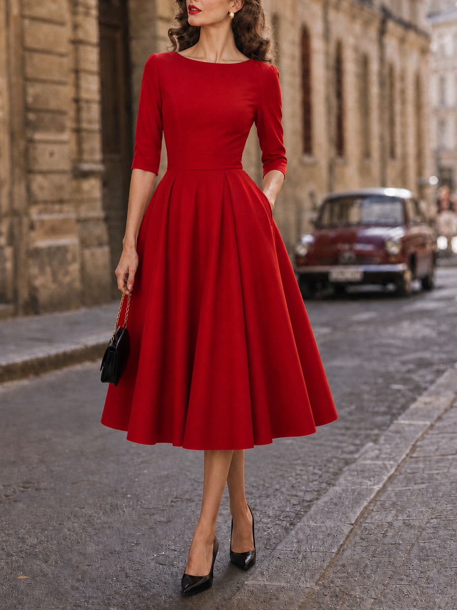 1950s-Inspired Red 3/4 Sleeve Full-Skirt Midi Dress With Pockets