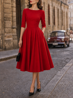1950s-Inspired Red 3/4 Sleeve Full-Skirt Midi Dress With Pockets