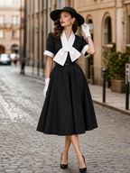 1950s Vintage Black Bow-Neck Belted Midi Dress