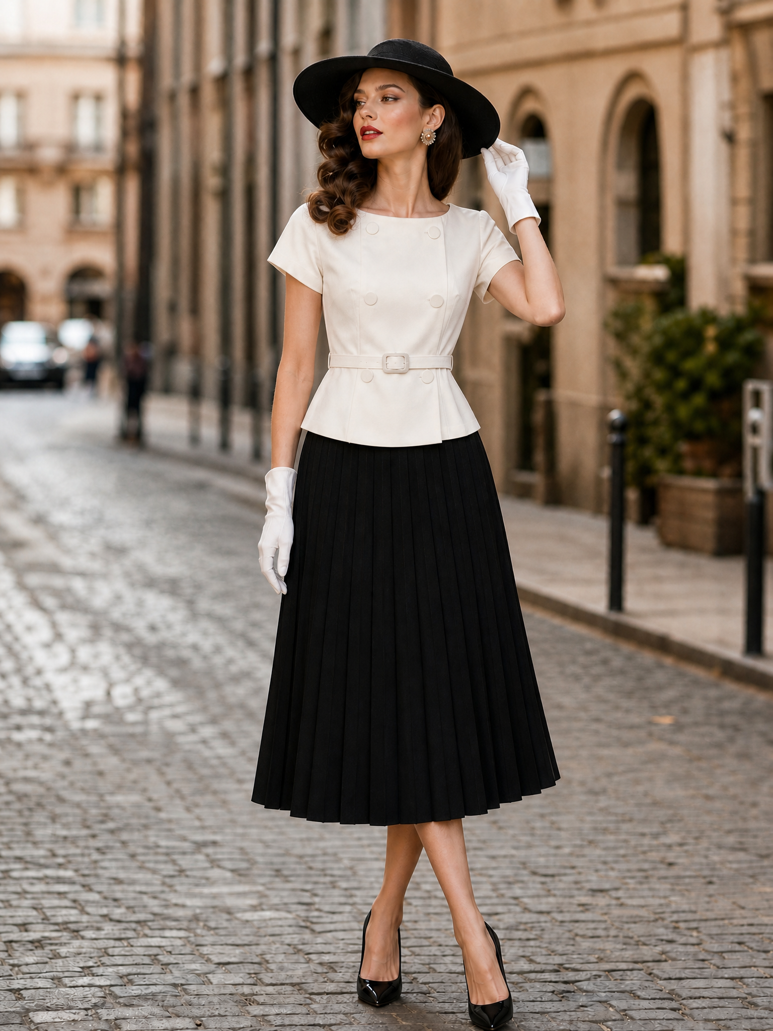 Vintage Elegance Belted Top & Black Midi Skirt Two-Piece Set