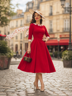 1950s Retro Red 3/4 Sleeve Fit-and-Flare Midi Dress