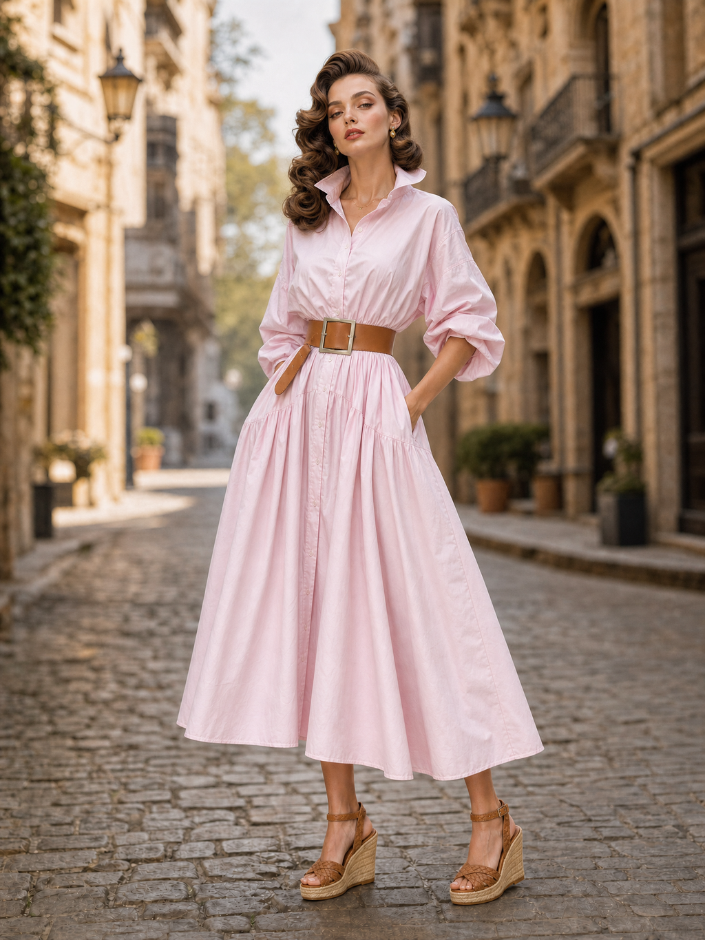 Vintage Blush Cotton Belted Midi Shirt Dress