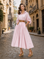 Vintage Blush Cotton Belted Midi Shirt Dress