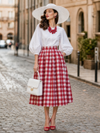 Red Gingham High-Waisted Pleated A-Line Midi Skirt