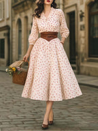 Vintage Cherry Print Puff Sleeve A-Line Midi Dress