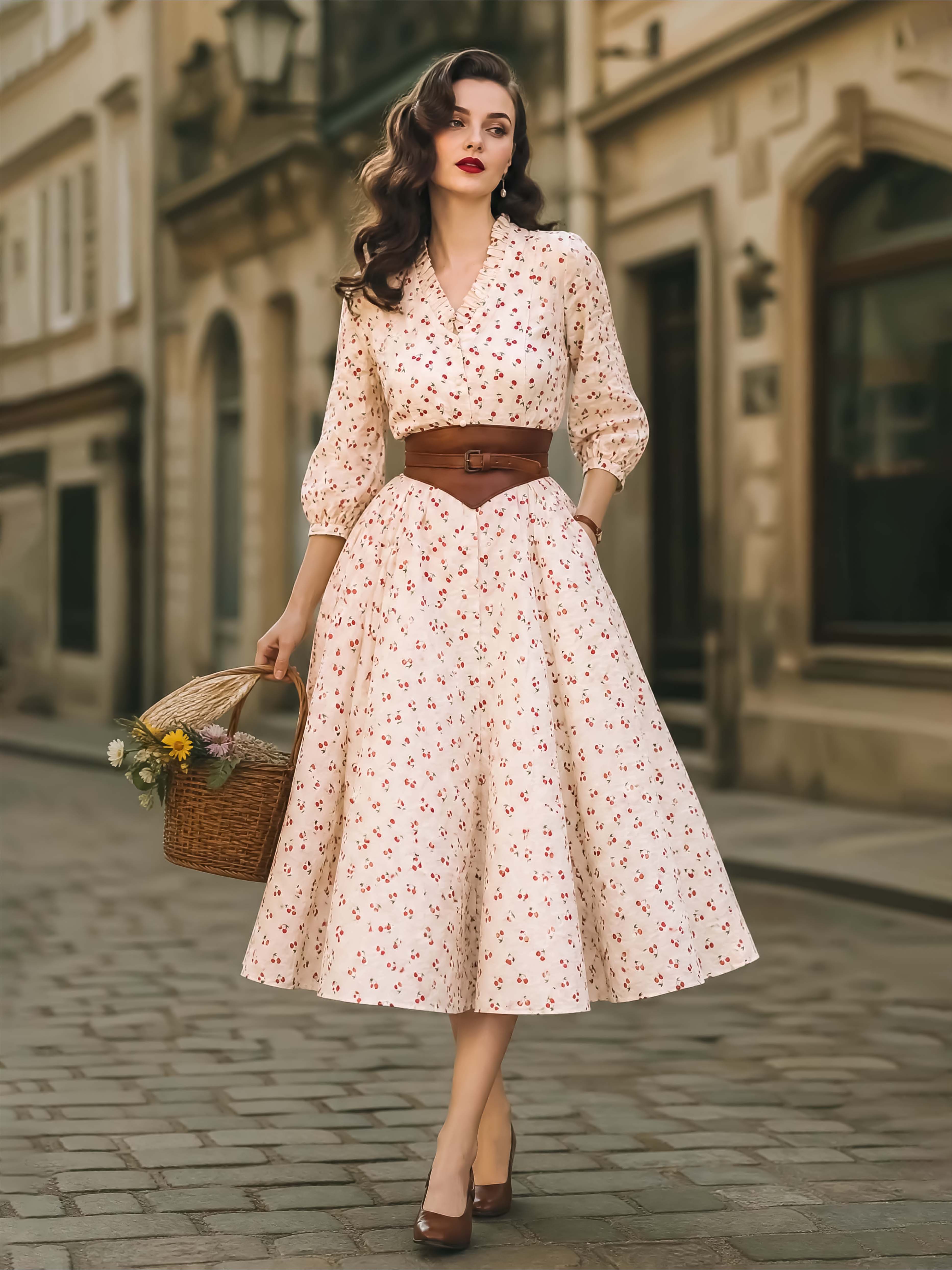 Vintage Cherry Print Puff Sleeve A-Line Midi Dress