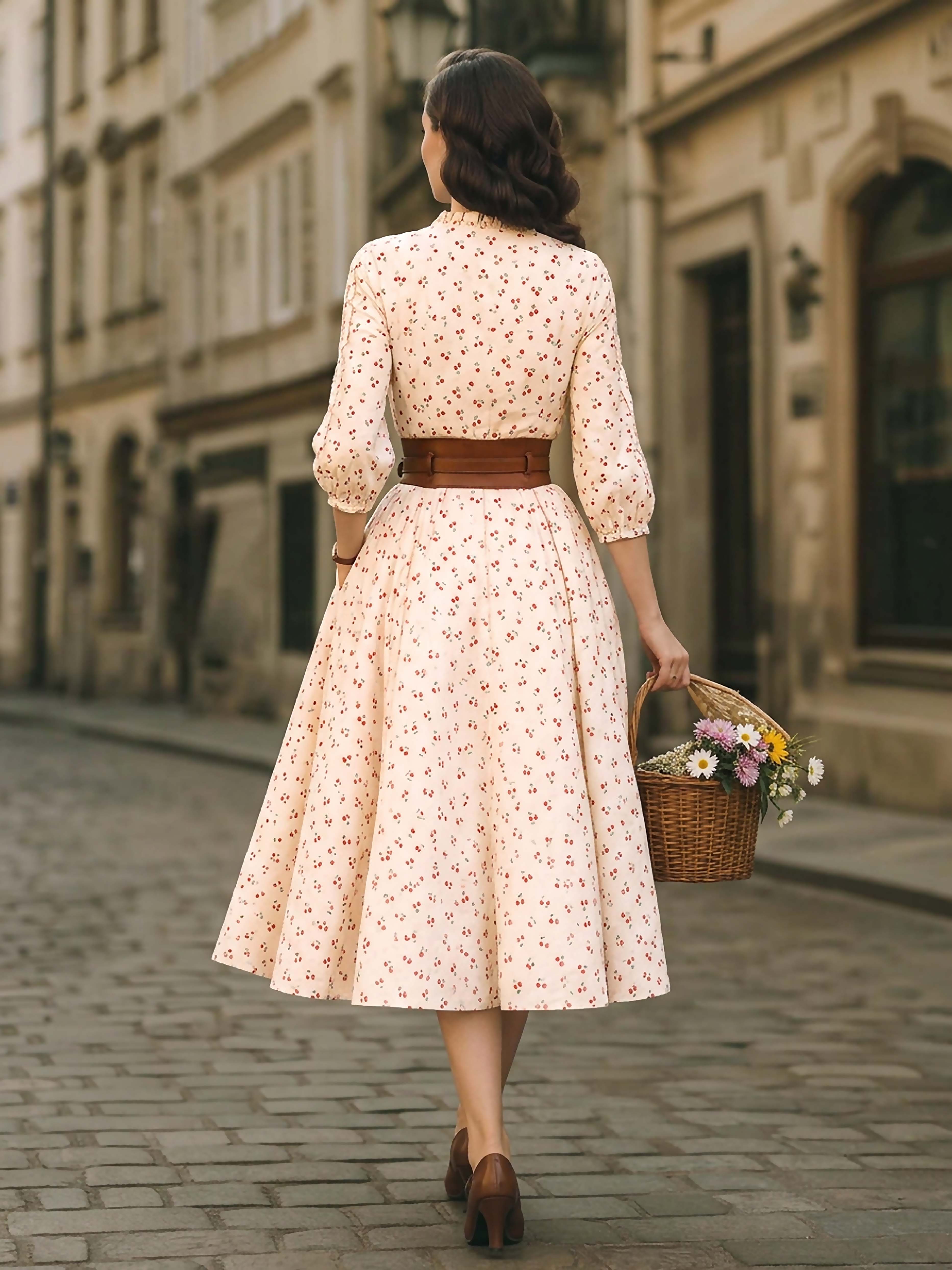 Vintage Cherry Print Puff Sleeve A-Line Midi Dress
