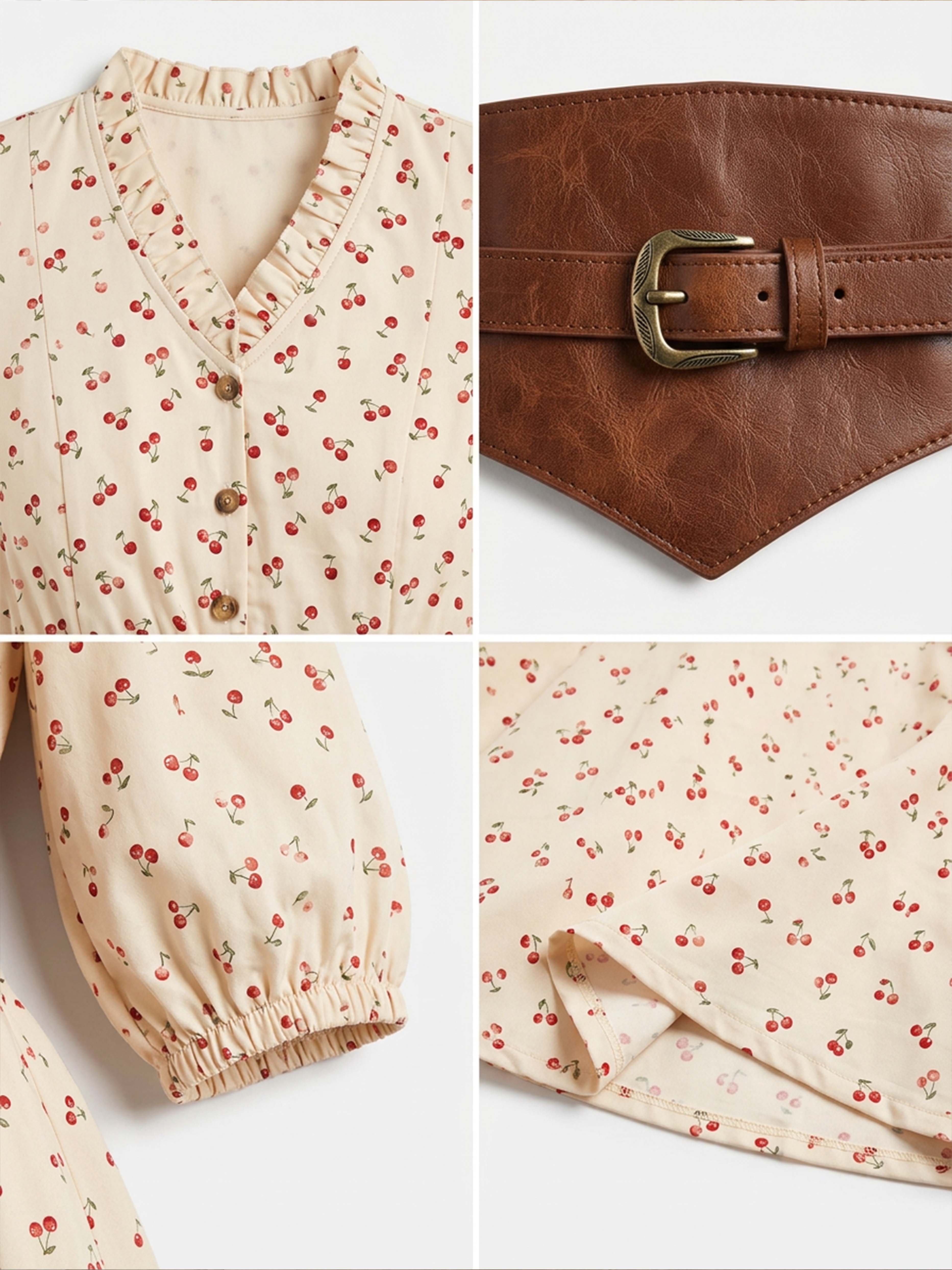 Vintage Cherry Print Puff Sleeve A-Line Midi Dress