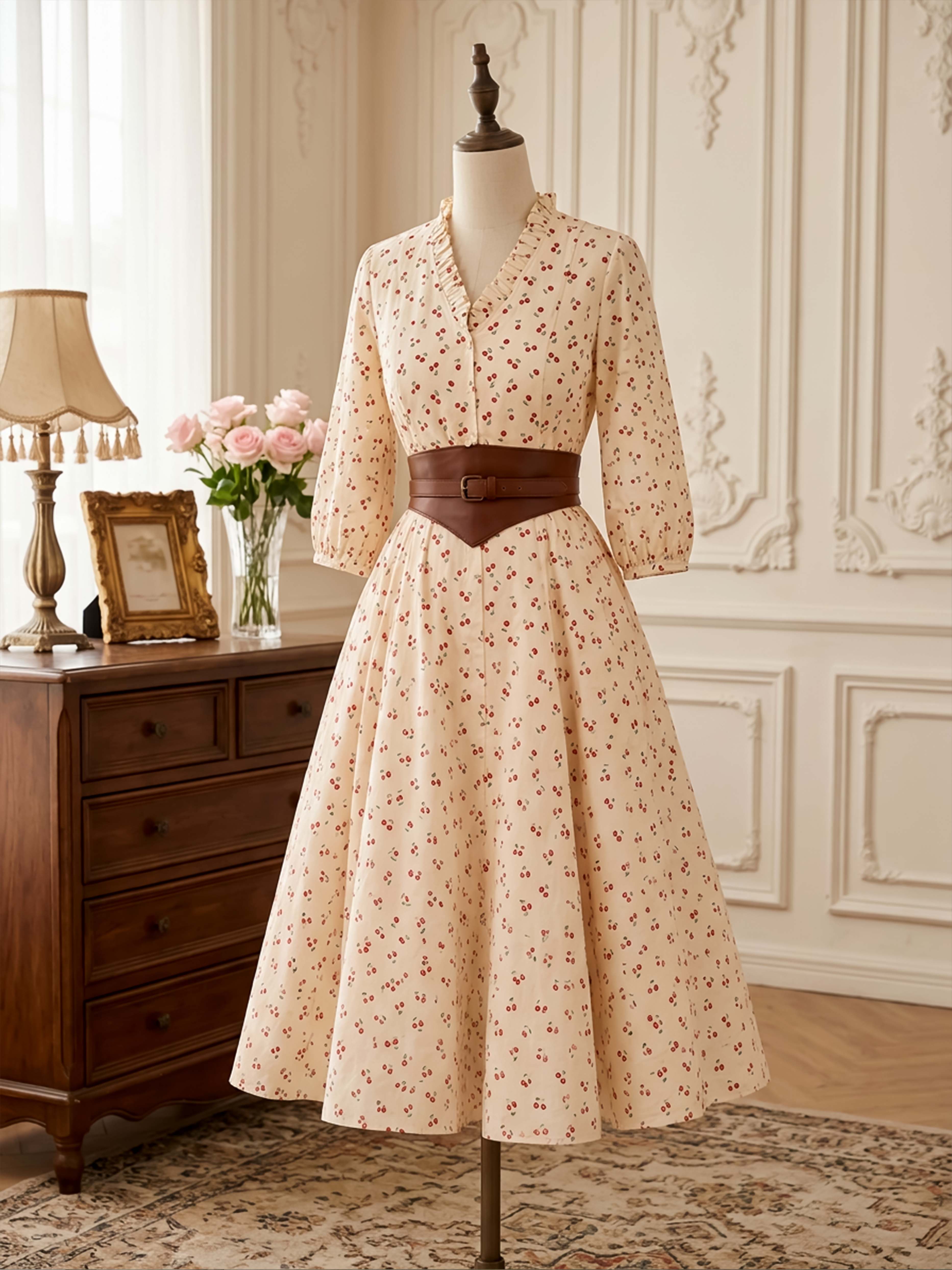 Vintage Cherry Print Puff Sleeve A-Line Midi Dress