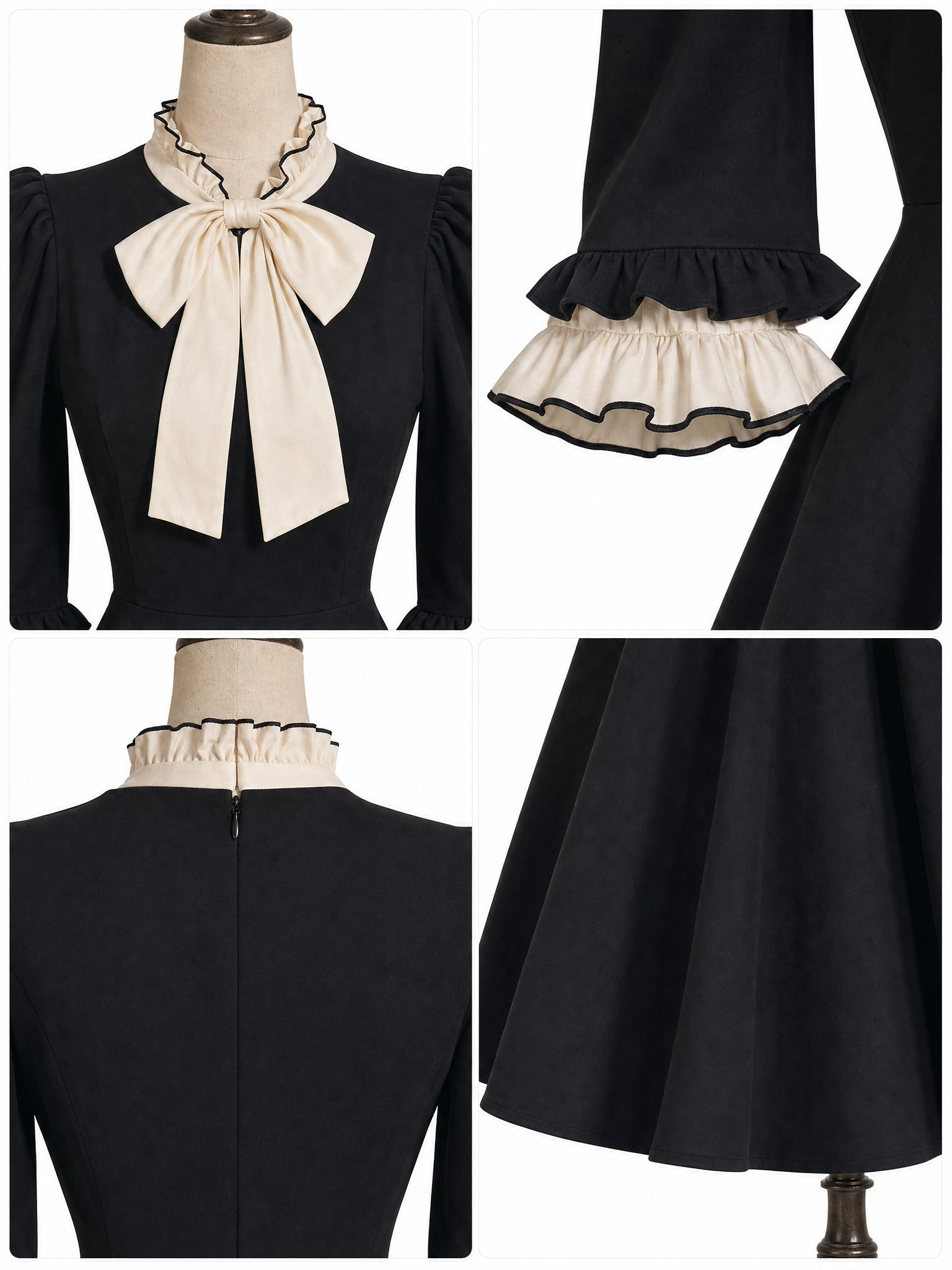 Vintage Hepburn Style Ruffle Bow Fitted Waist Midi Dress