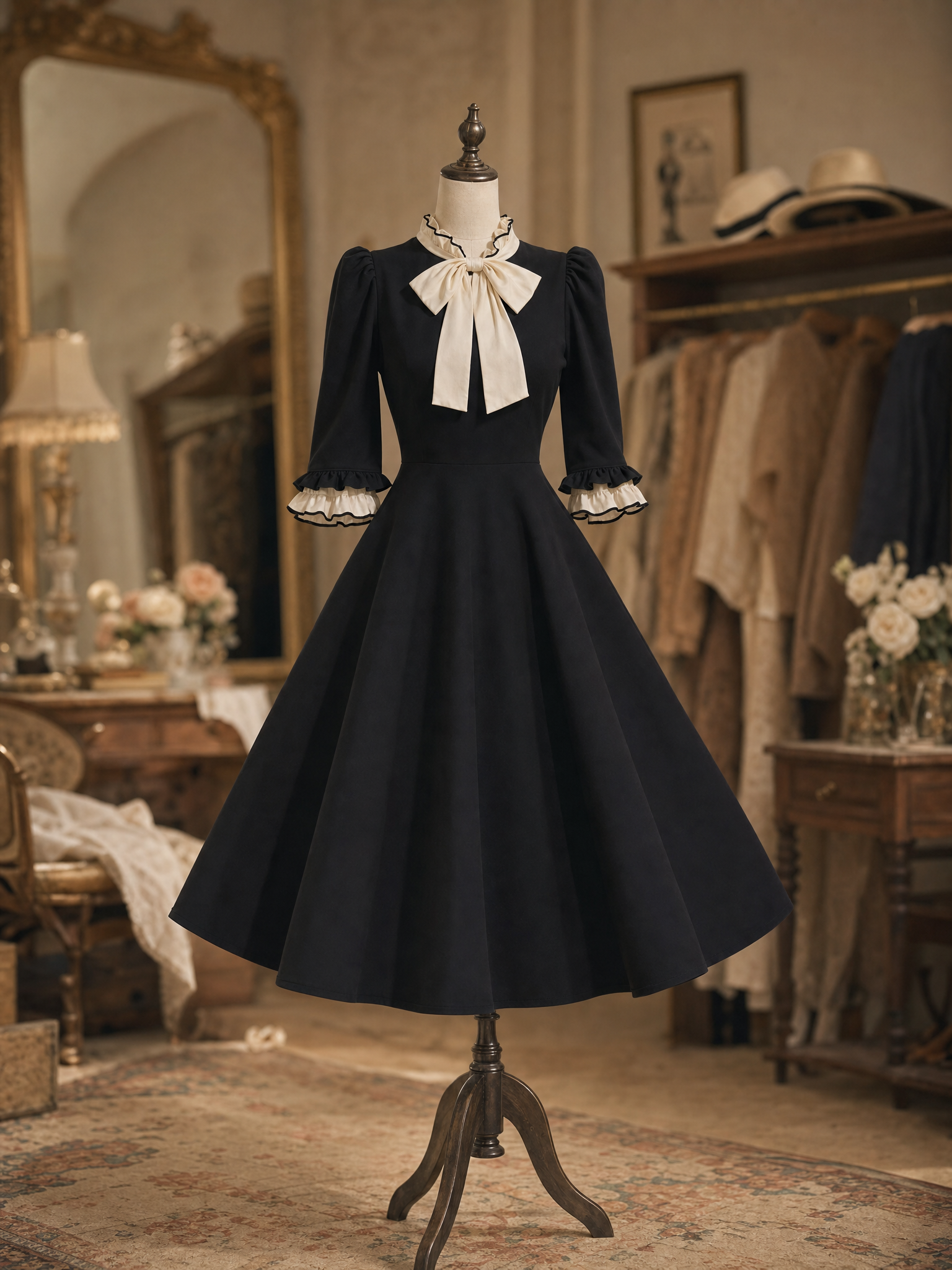 Vintage Hepburn Style Ruffle Bow Fitted Waist Midi Dress
