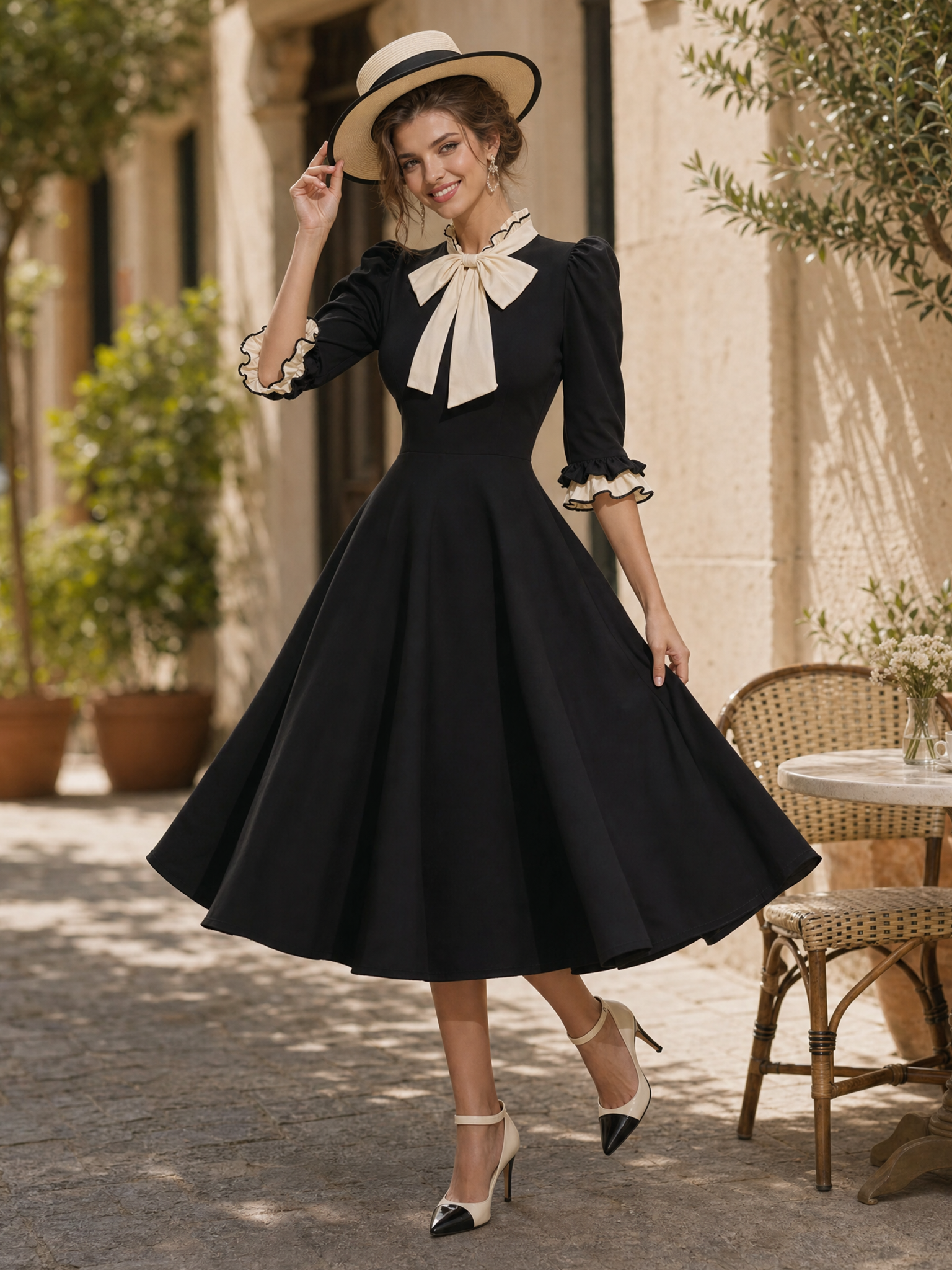 Vintage Hepburn Style Ruffle Bow Fitted Waist Midi Dress