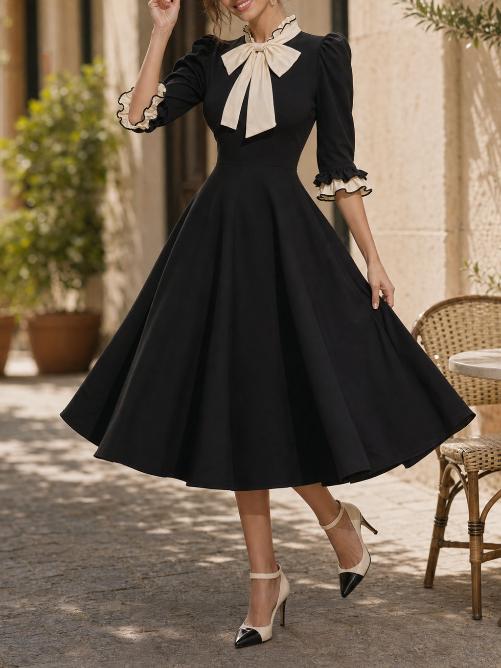 Vintage Hepburn Style Ruffle Bow Fitted Waist Midi Dress