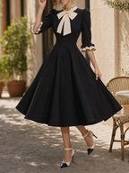 Vintage Hepburn Style Ruffle Bow Fitted Waist Midi Dress