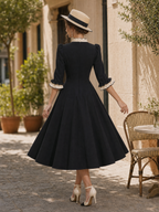 Vintage Hepburn Style Ruffle Bow Fitted Waist Midi Dress