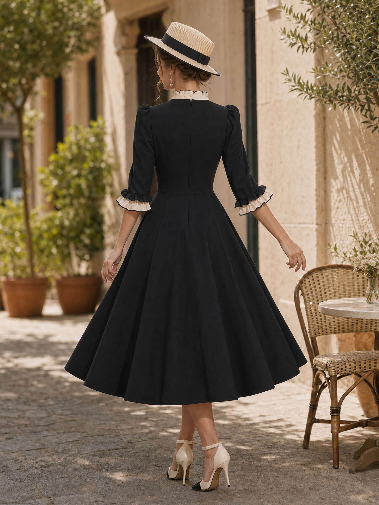Vintage Hepburn Style Ruffle Bow Fitted Waist Midi Dress