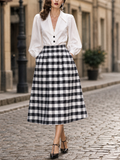 French Vintage Black-White Gingham Pleated Midi Skirt