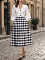 French Vintage Black-White Gingham Pleated Midi Skirt