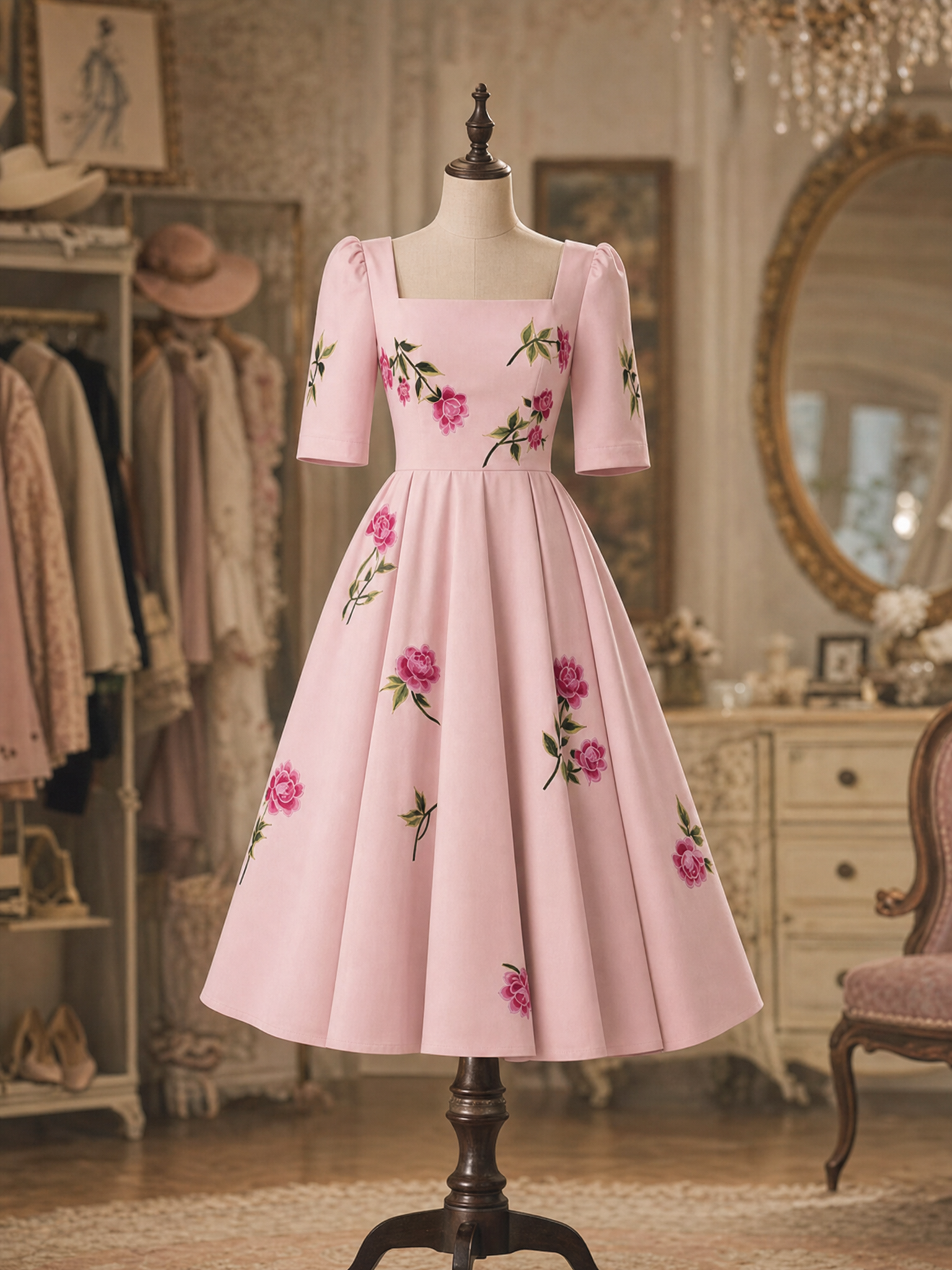 Vintage Square Neck Floral Swing Tea-Length Midi Dress