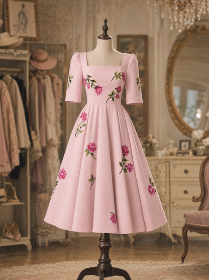 Vintage Square Neck Floral Swing Tea-Length Midi Dress