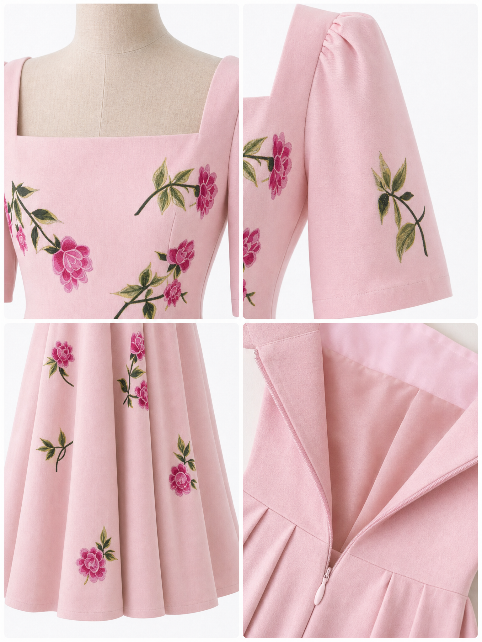 Vintage Square Neck Floral Swing Tea-Length Midi Dress