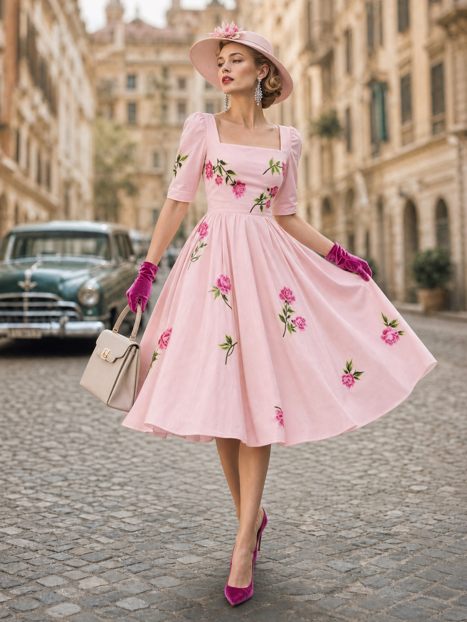 Vintage Square Neck Floral Swing Tea-Length Midi Dress