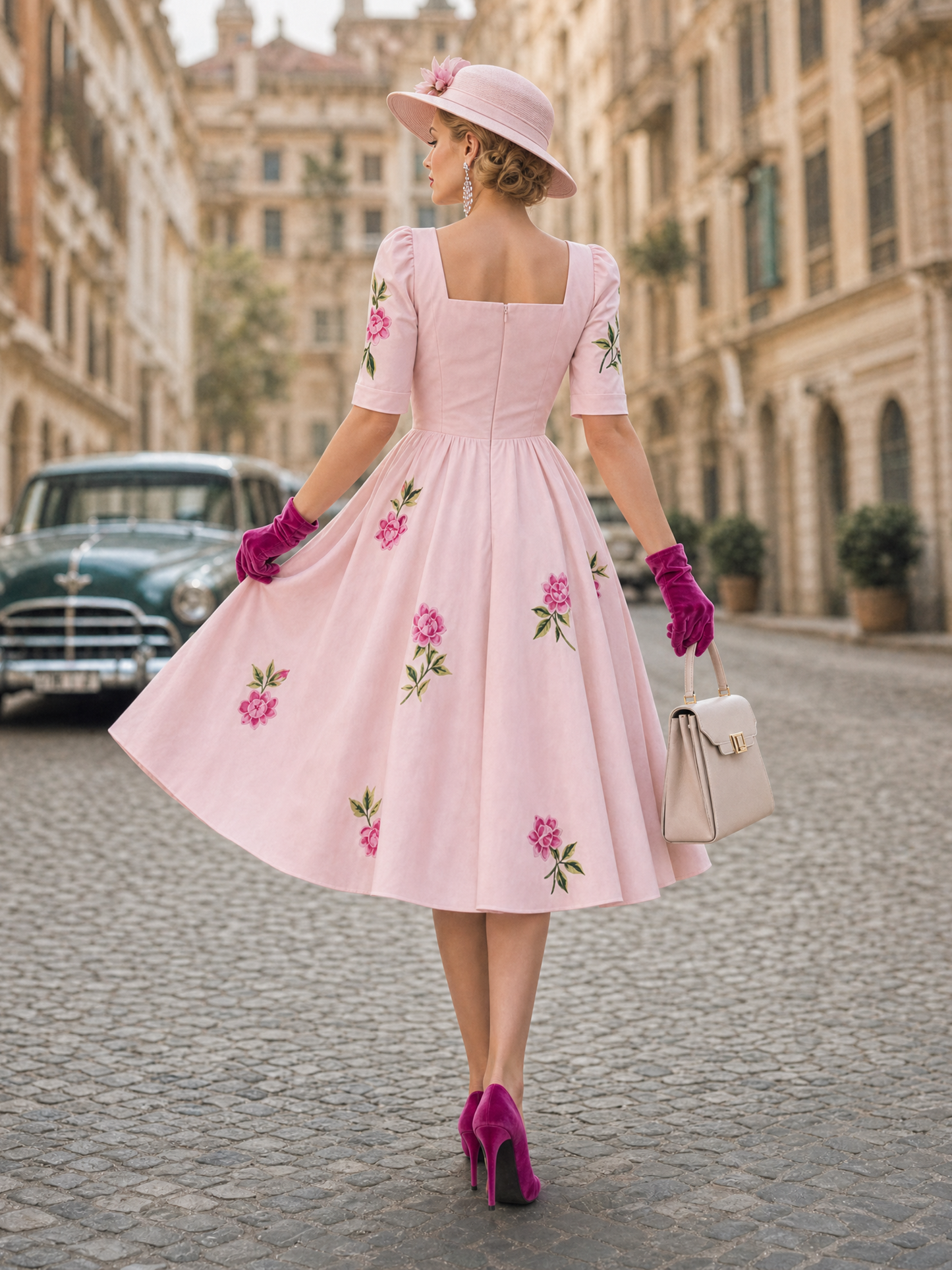 Vintage Square Neck Floral Swing Tea-Length Midi Dress