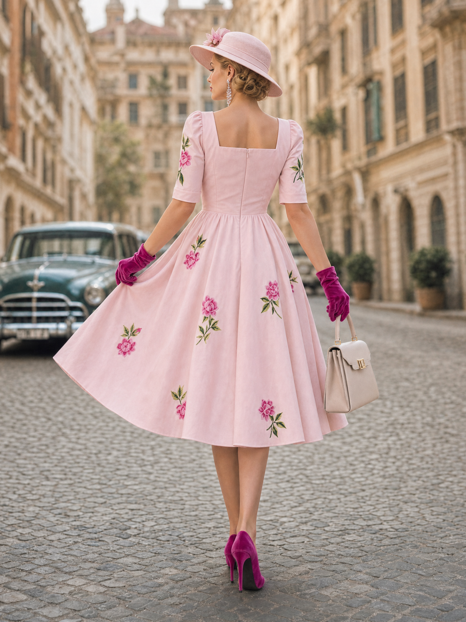 Vintage Square Neck Floral Swing Tea-Length Midi Dress