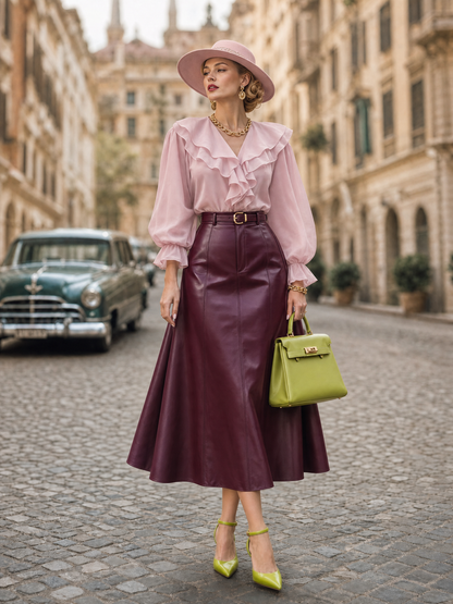 Vintage Elegant Puff Sleeve Draped Ruffled Chiffon Blouse