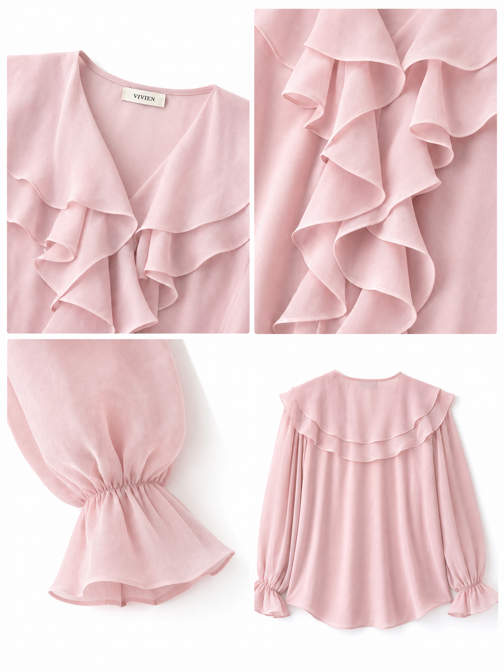 Vintage Elegant Puff Sleeve Draped Ruffled Chiffon Blouse
