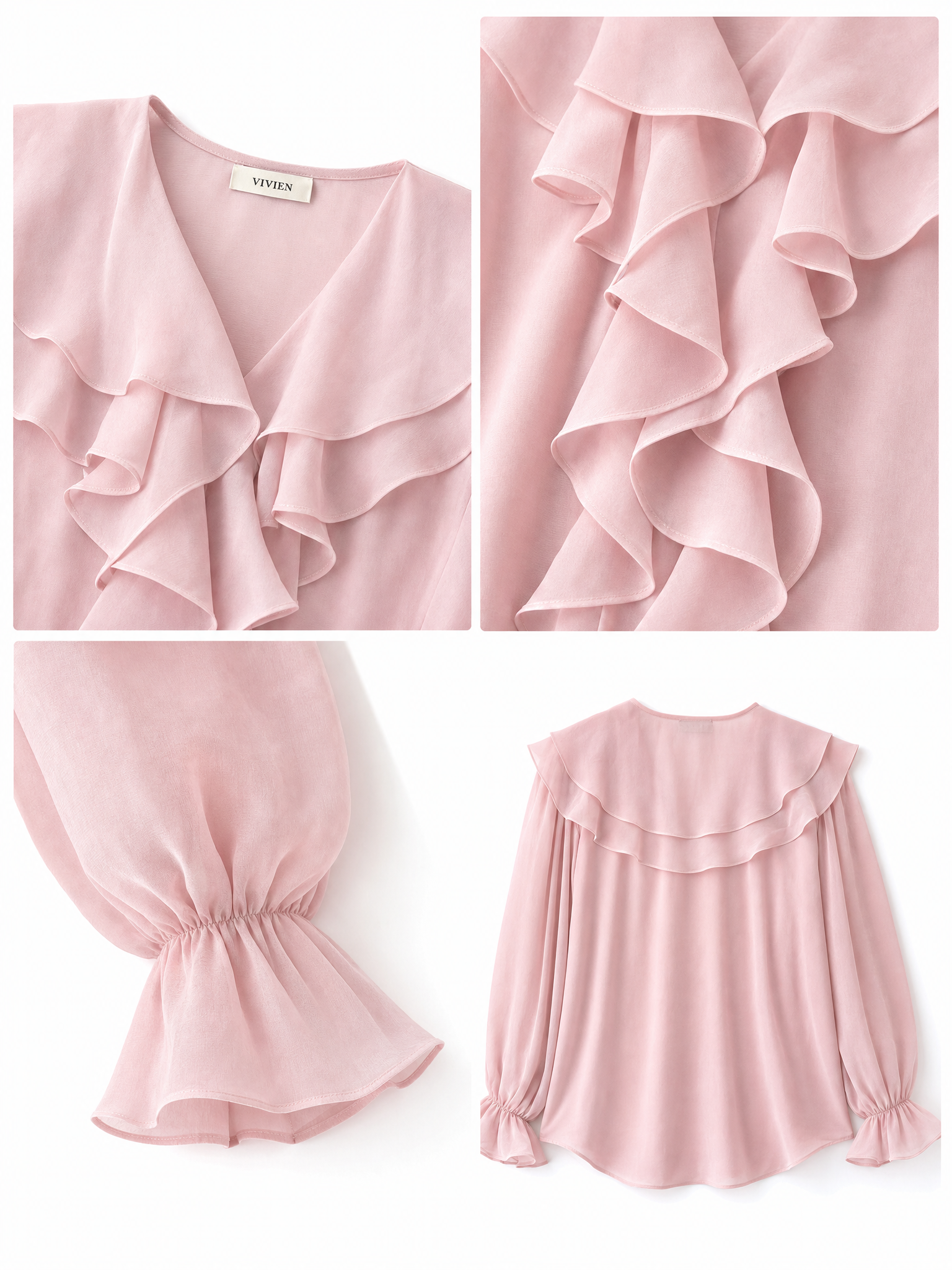 Vintage Elegant Puff Sleeve Draped Ruffled Chiffon Blouse