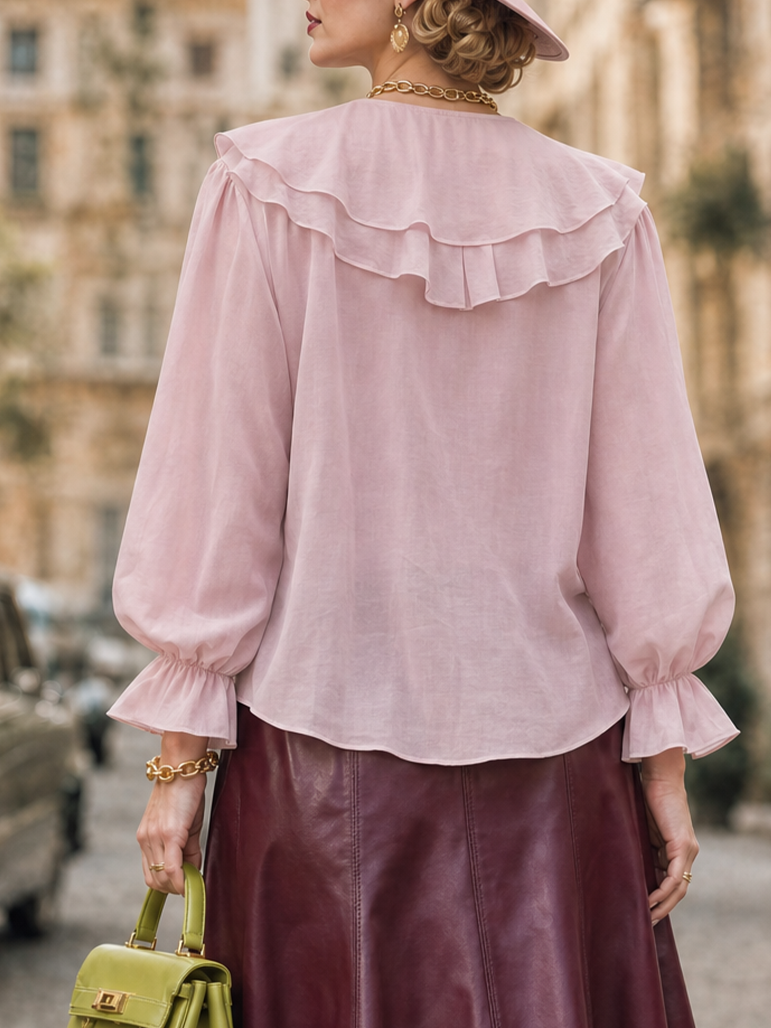 Vintage Elegant Puff Sleeve Draped Ruffled Chiffon Blouse