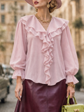 Vintage Elegant Puff Sleeve Draped Ruffled Chiffon Blouse