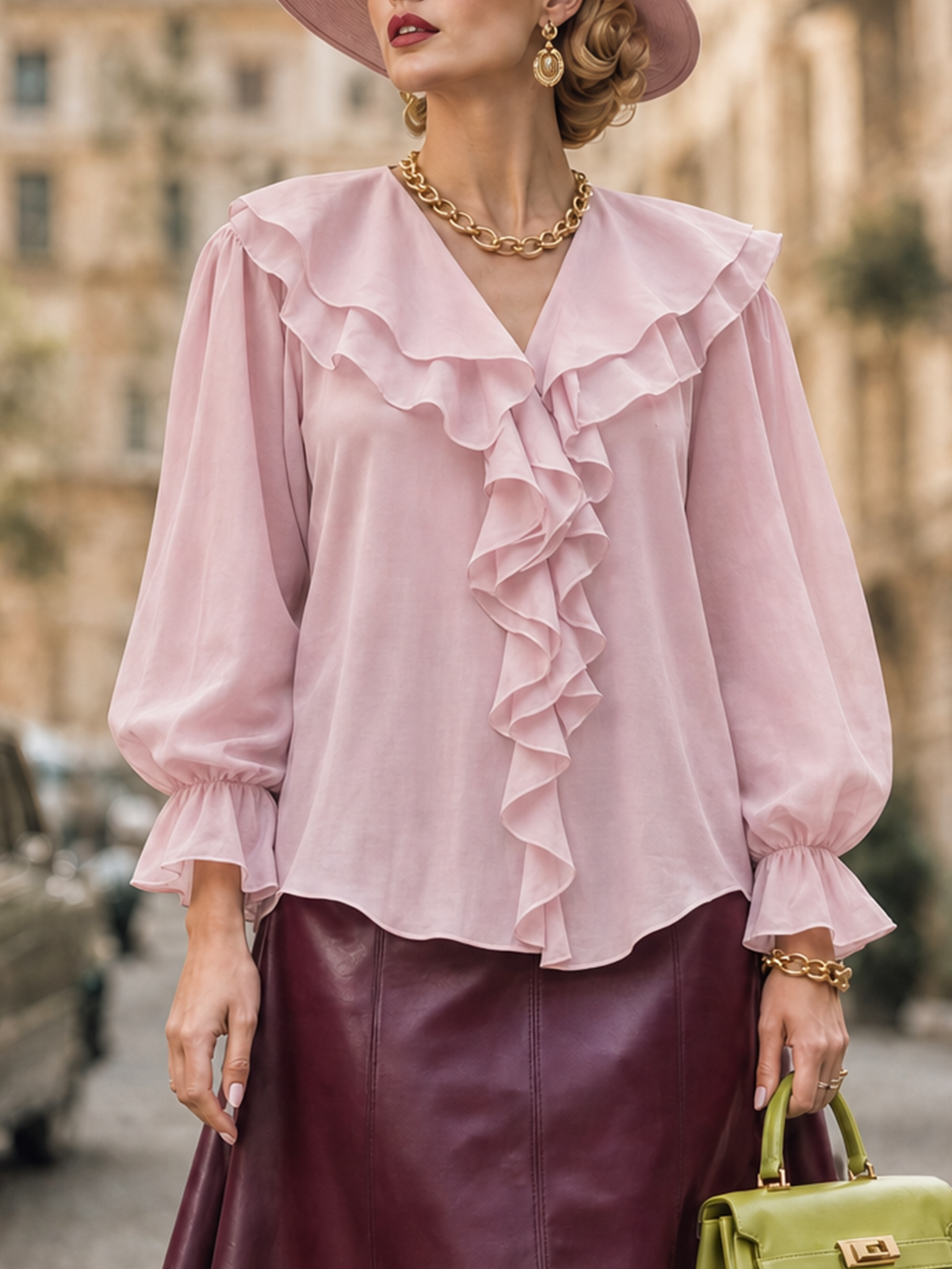 Vintage Elegant Puff Sleeve Draped Ruffled Chiffon Blouse