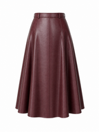 Vintage Burgundy Faux Leather High Waist A-Line Flared Midi Skirt