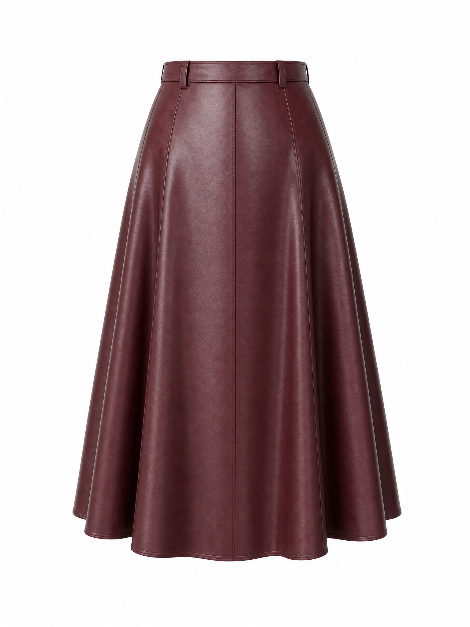 Vintage Burgundy Faux Leather High Waist A-Line Flared Midi Skirt
