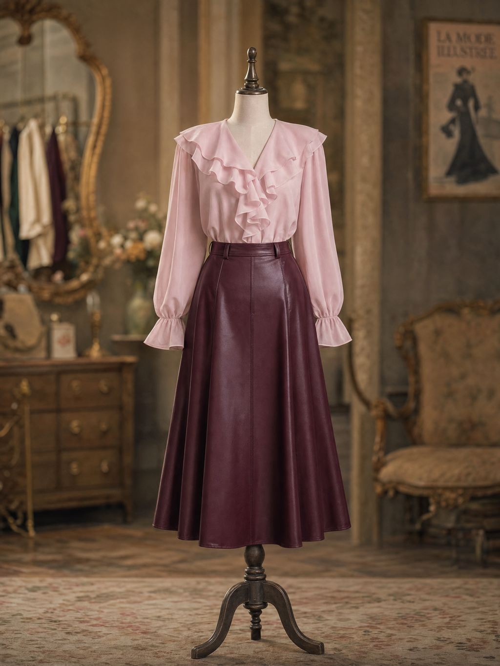 Vintage Burgundy Faux Leather High Waist A-Line Flared Midi Skirt