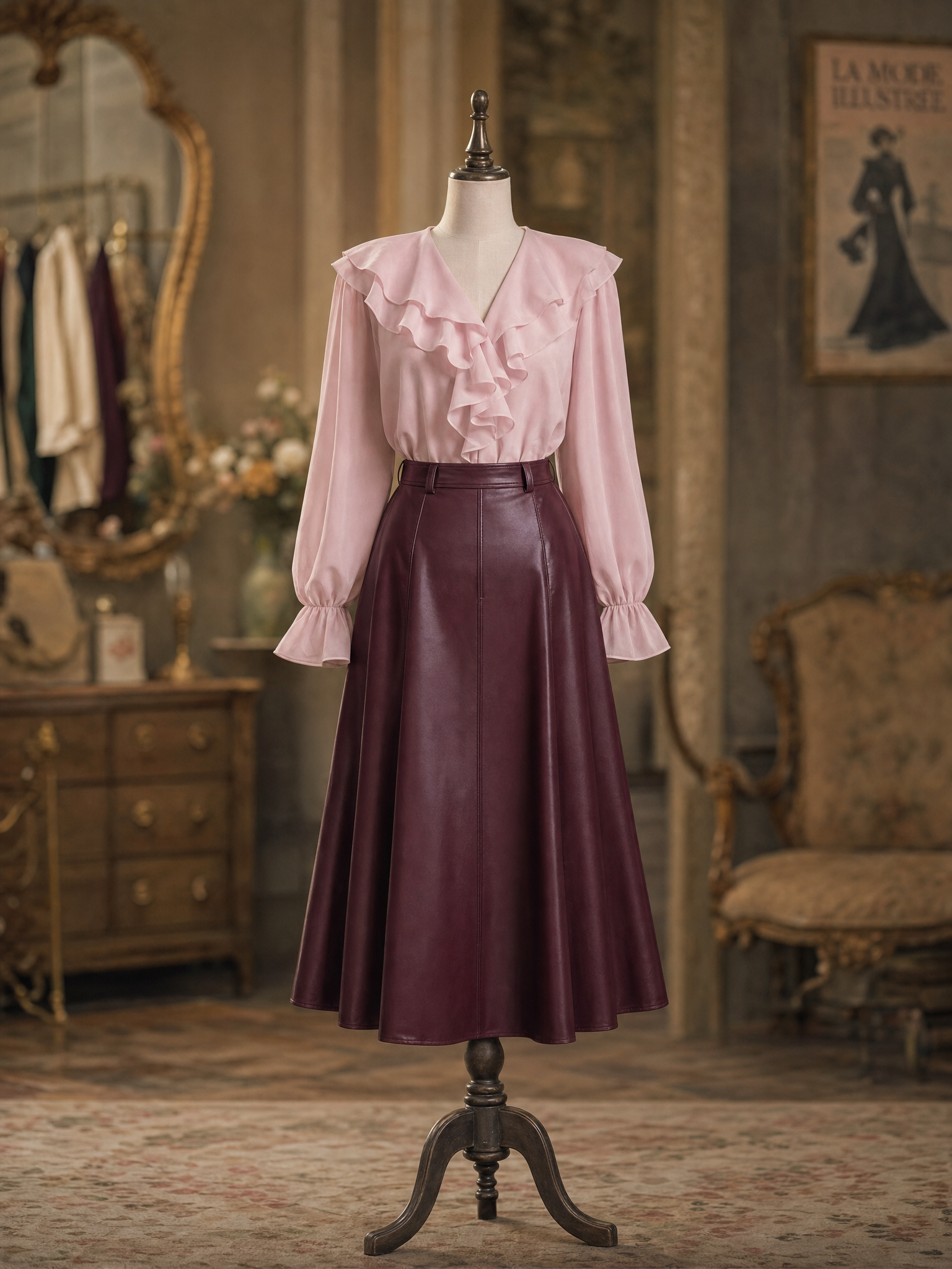 Vintage Burgundy Faux Leather High Waist A-Line Flared Midi Skirt