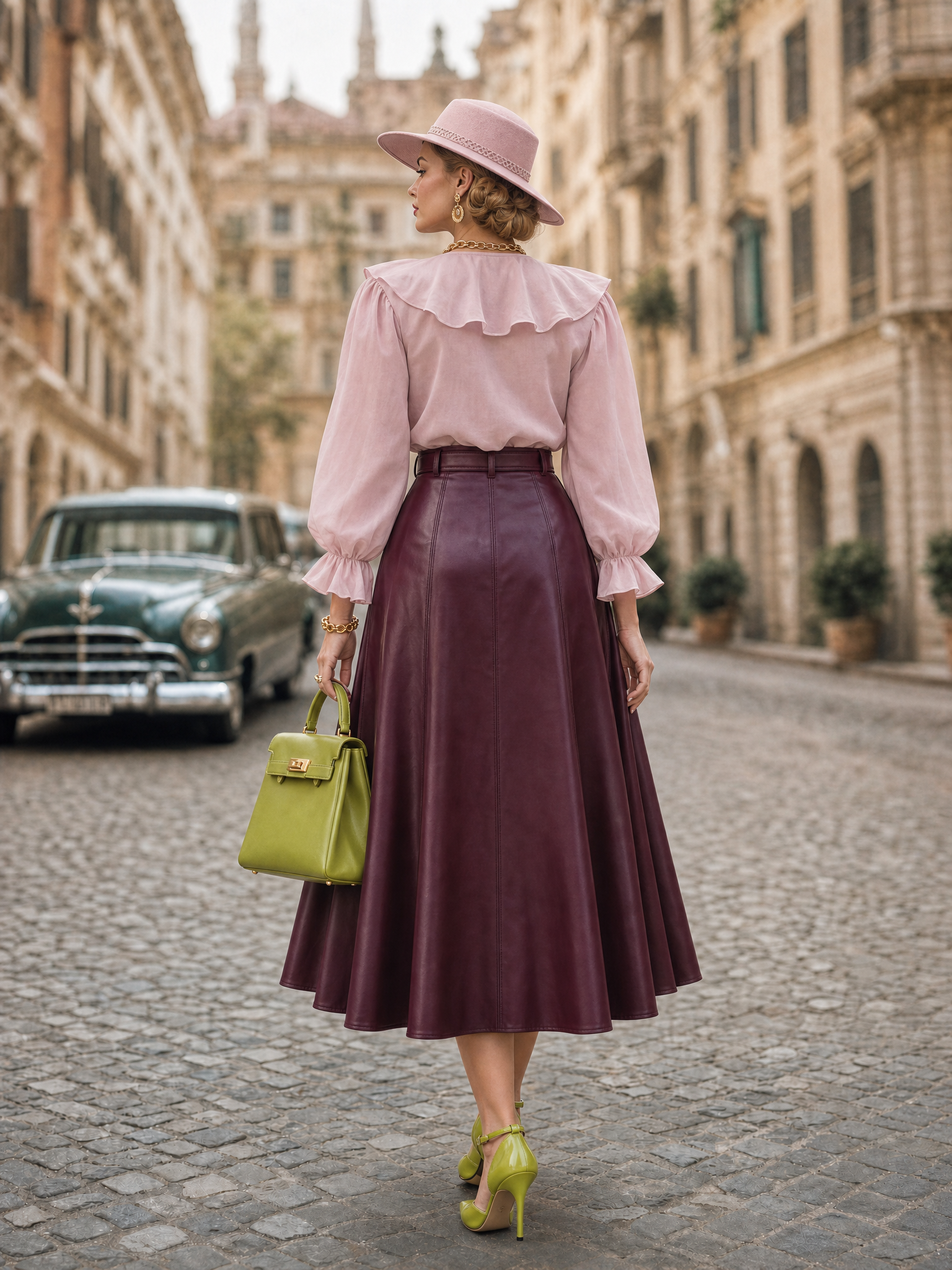 Vintage Burgundy Faux Leather High Waist A-Line Flared Midi Skirt