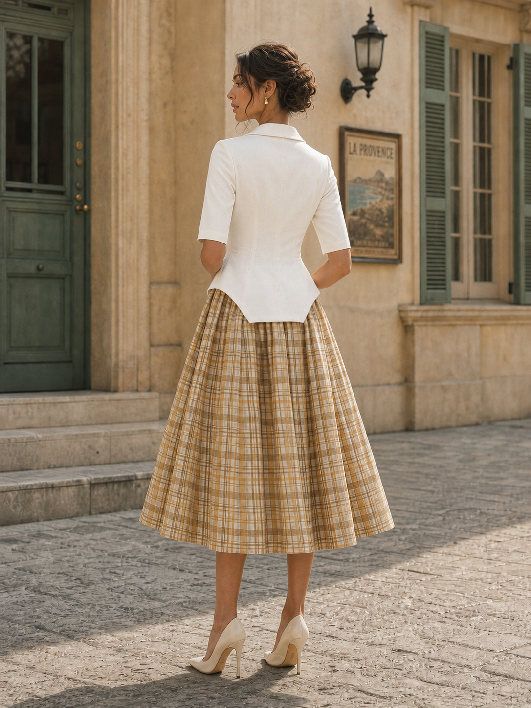Vintage Irregular Hem Top & Plaid Midi Skirt Two-Piece Set