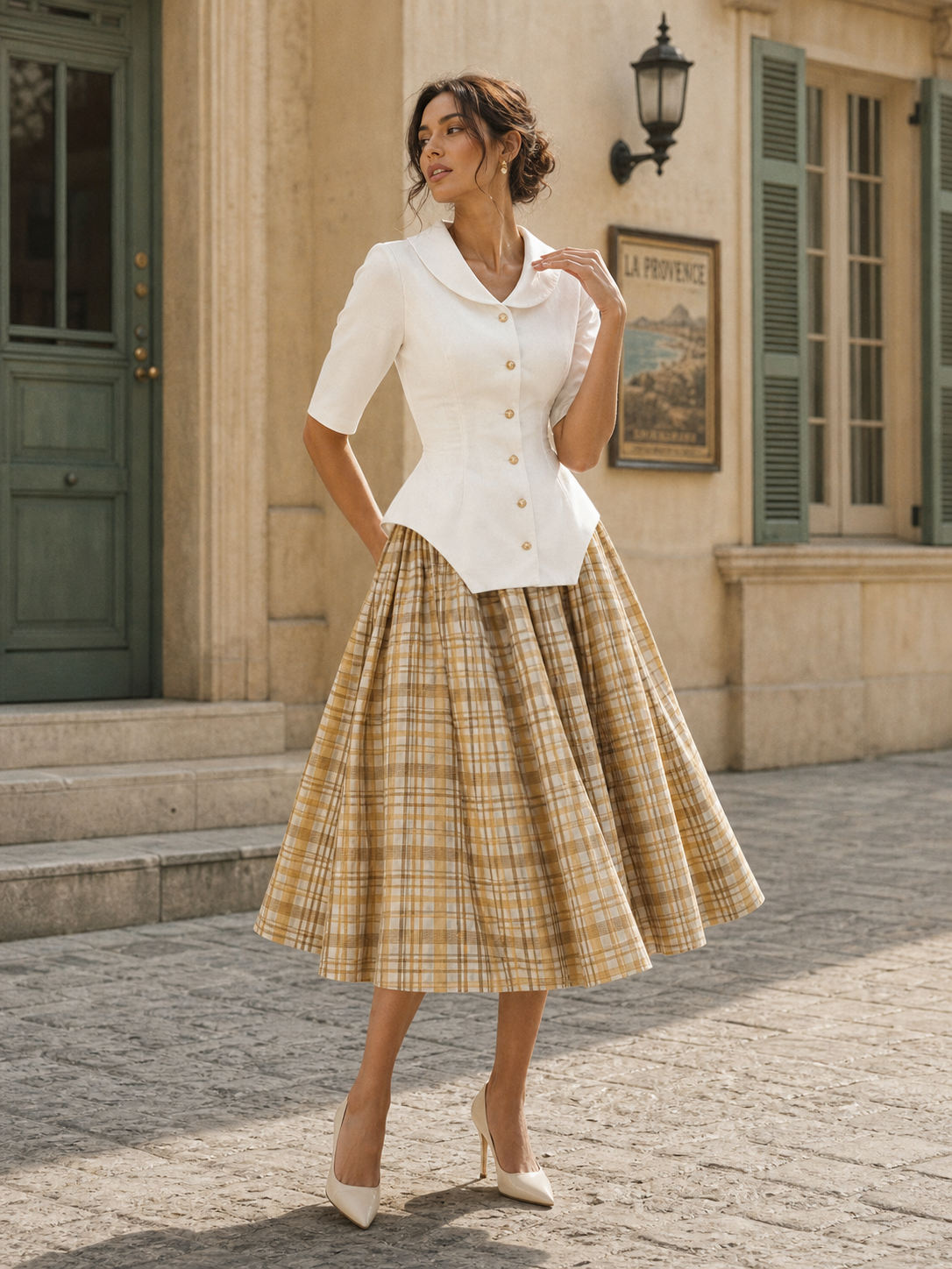 Vintage Irregular Hem Top & Plaid Midi Skirt Two-Piece Set