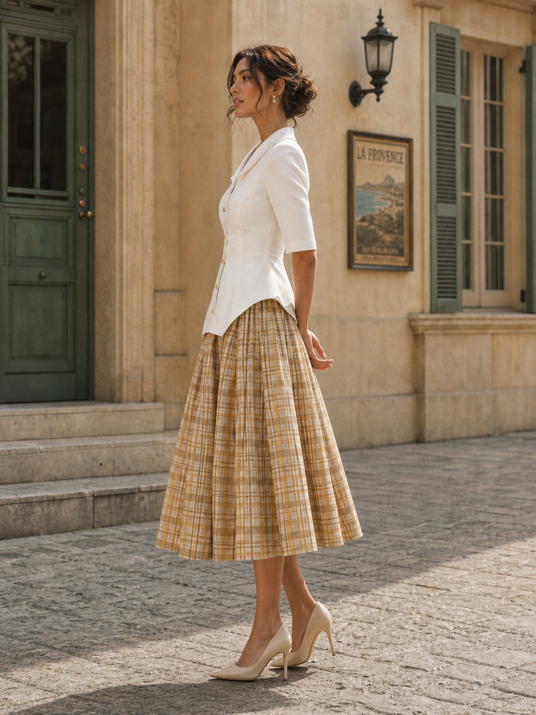 Vintage Irregular Hem Top & Plaid Midi Skirt Two-Piece Set