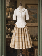 Vintage Irregular Hem Top & Plaid Midi Skirt Two-Piece Set