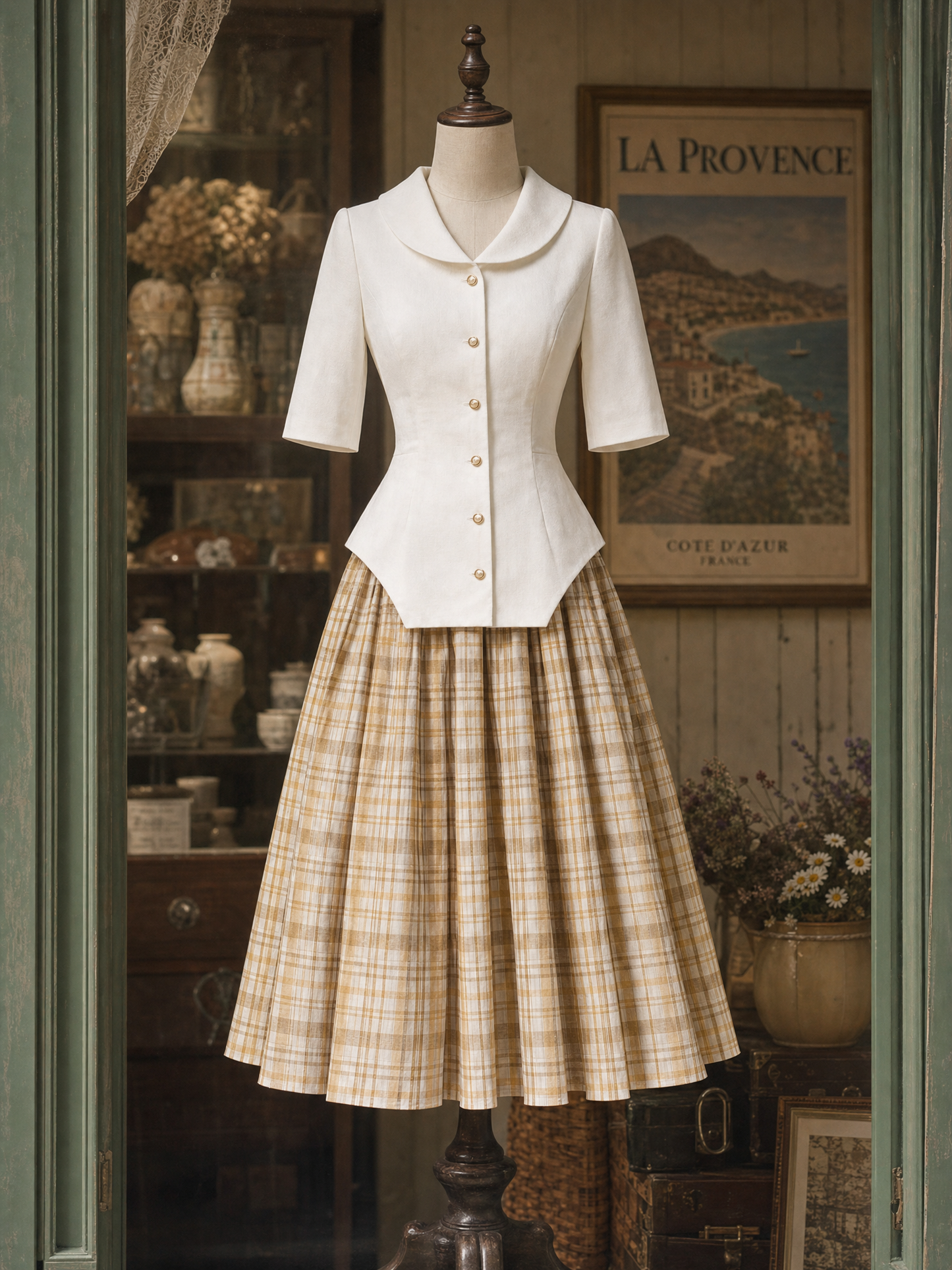 Vintage Irregular Hem Top & Plaid Midi Skirt Two-Piece Set