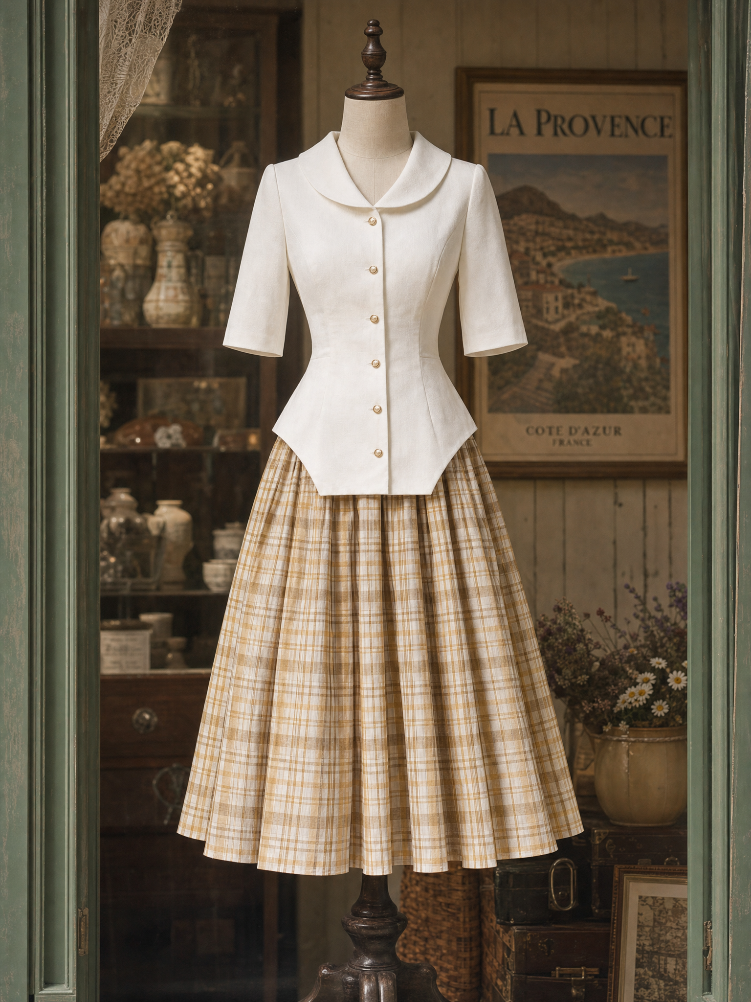 Vintage Irregular Hem Top & Plaid Midi Skirt Two-Piece Set
