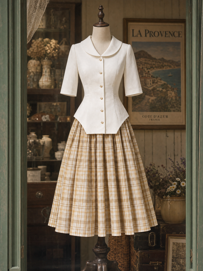 Vintage Irregular Hem Top & Plaid Midi Skirt Two-Piece Set