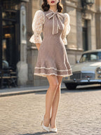Elegant Brown Gingham Lace Puff Sleeve Mini Dress