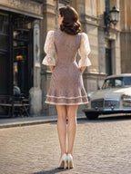Elegant Brown Gingham Lace Puff Sleeve Mini Dress
