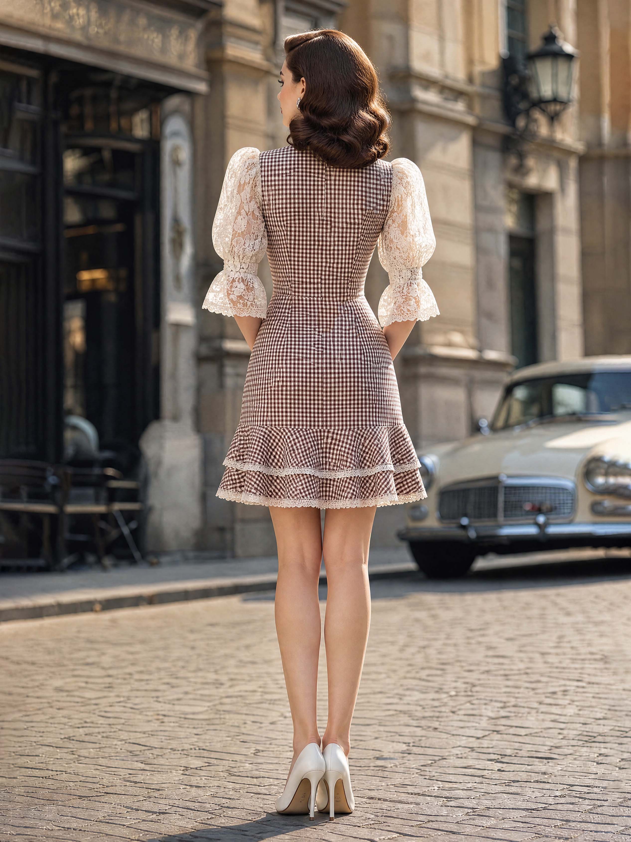 Elegant Brown Gingham Lace Puff Sleeve Mini Dress