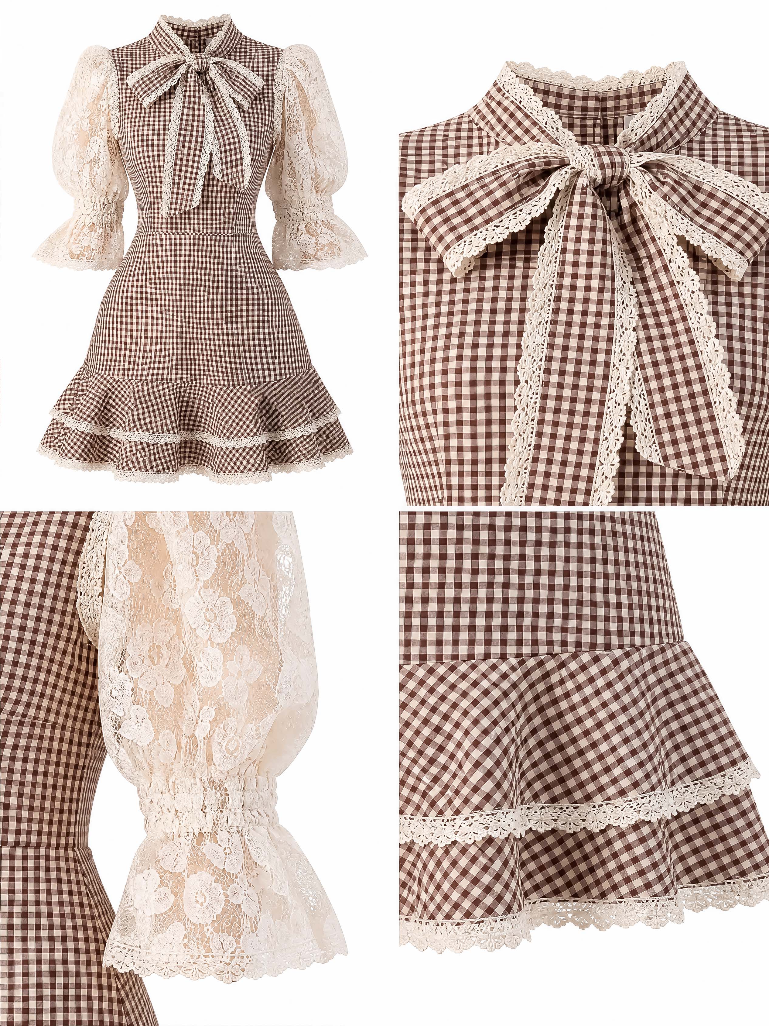 Elegant Brown Gingham Lace Puff Sleeve Mini Dress